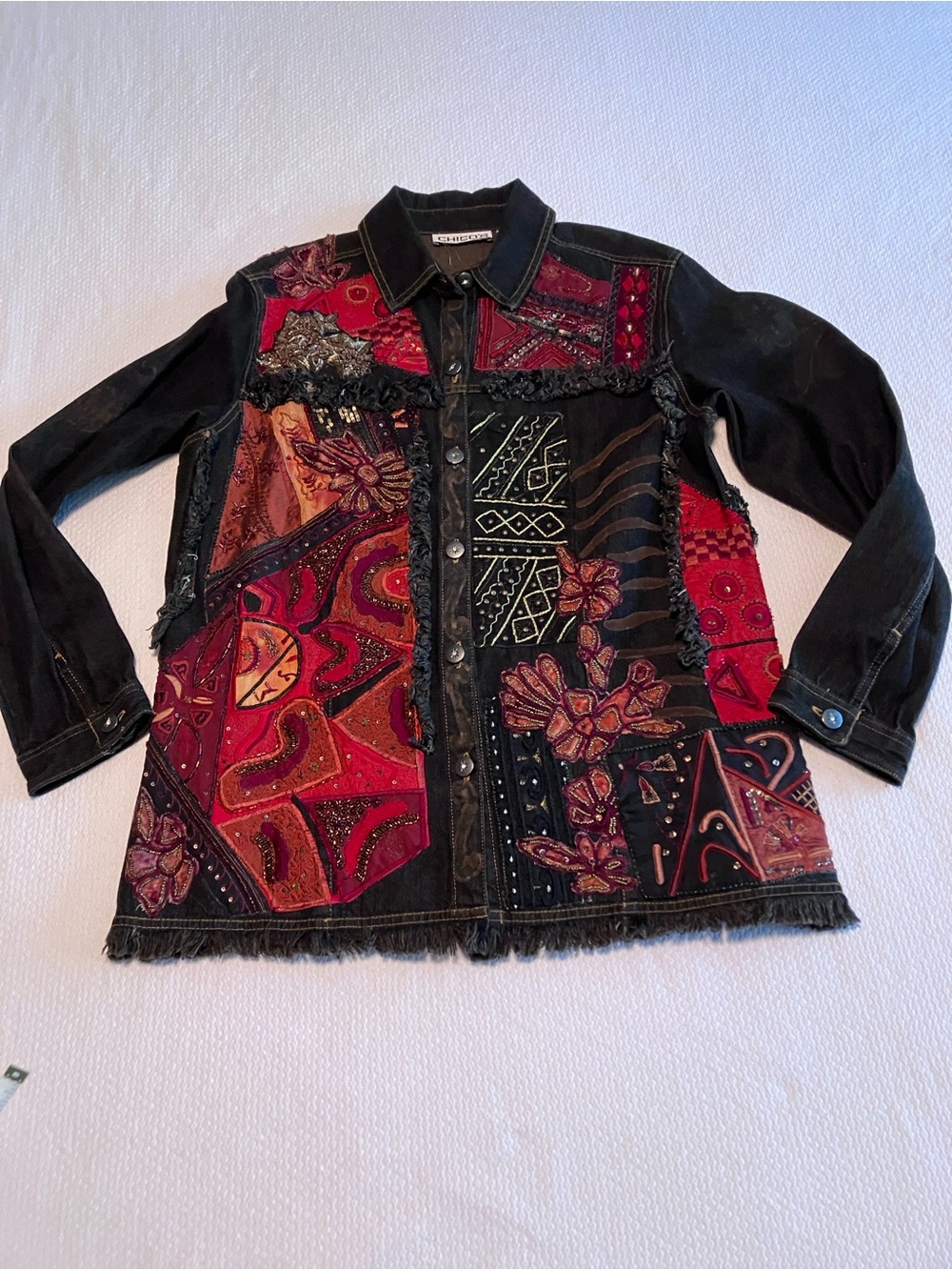 EUC Chicos Embellished Patchwork Black Denim Jacket with Red & Burgundy Panels
